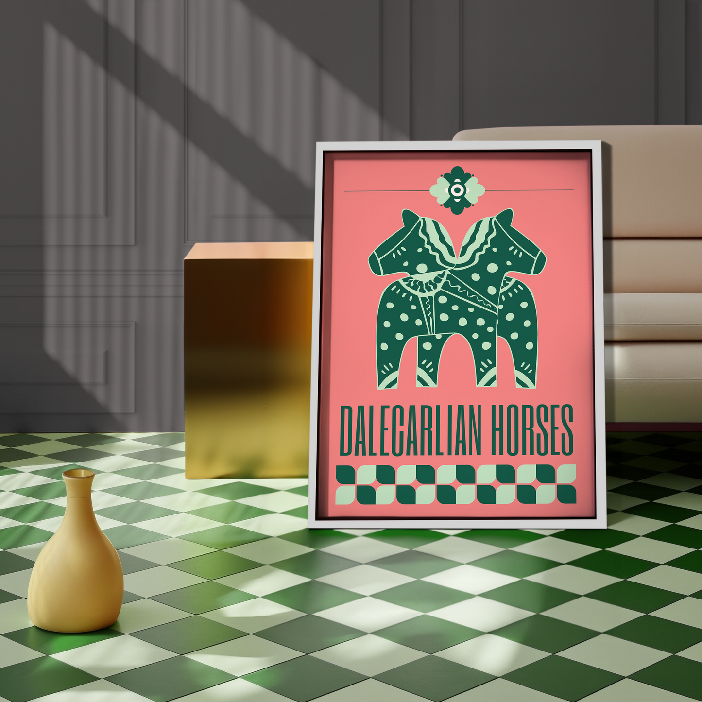 Dala Horse Green/Peach Poster Framed