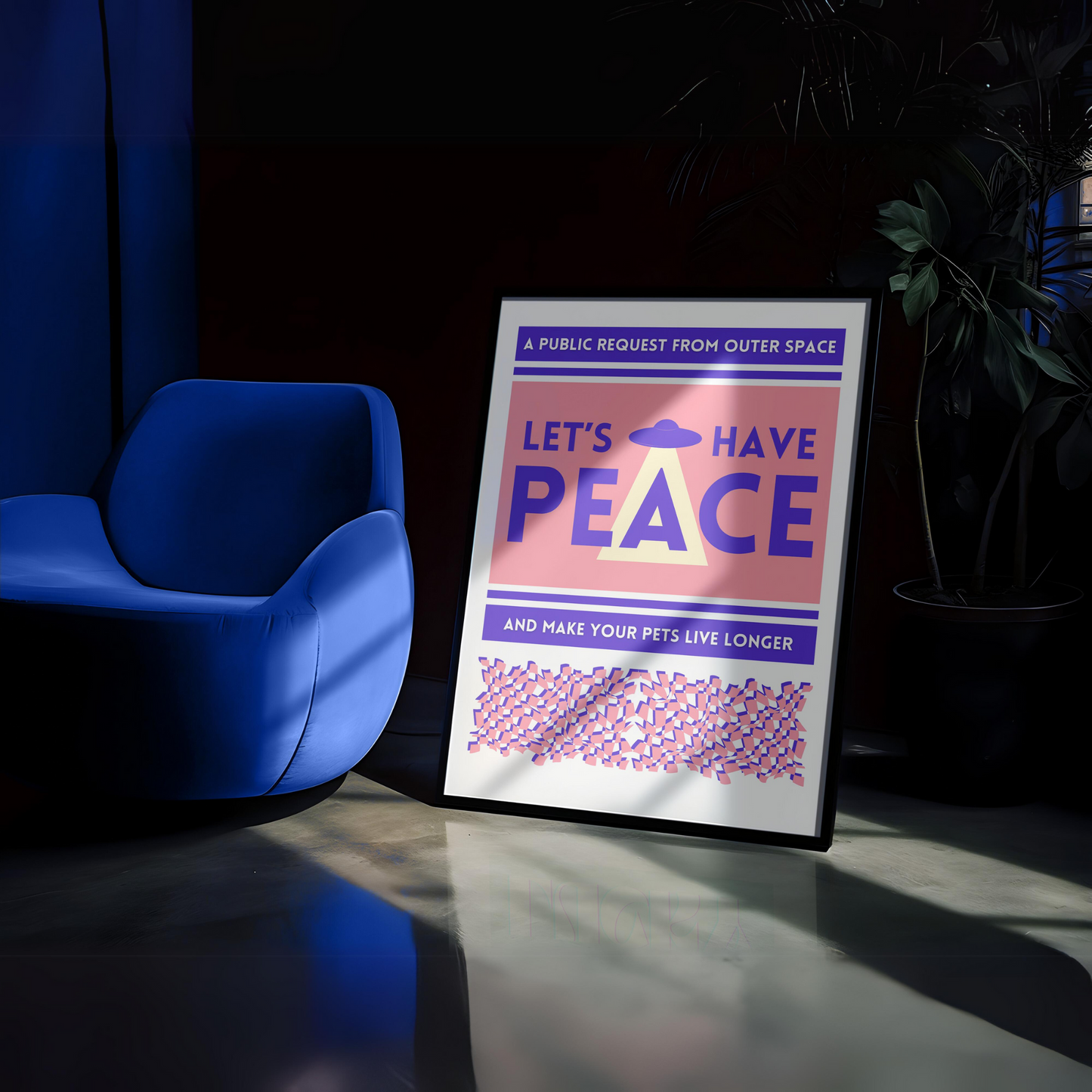 Let's Have Peace Blue/Peach Poster Framed