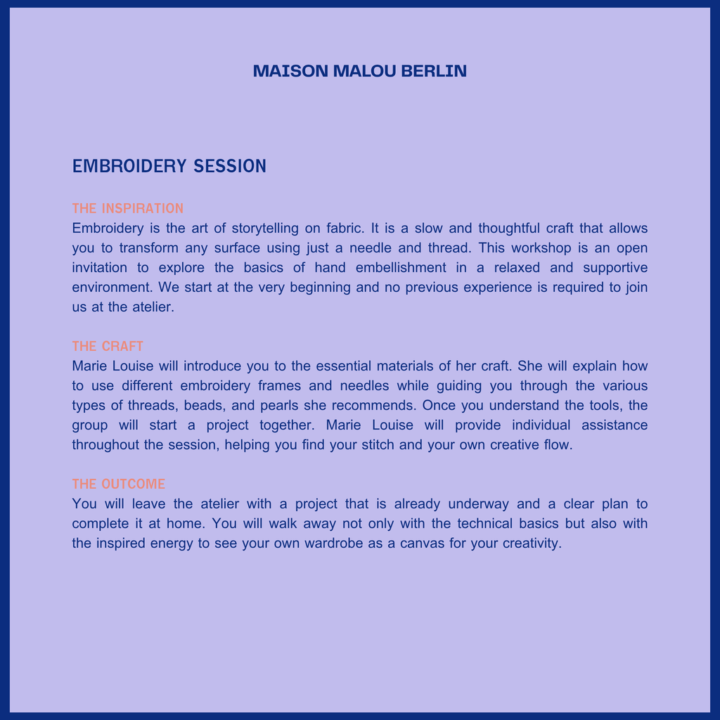 Slow Fashion Session: Embroidery | Sunday Atelier Workshop | Summer 2026, Date Coming Soon
